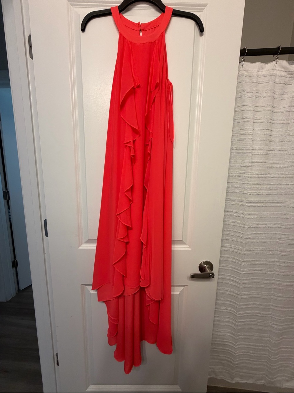Jennifer Lopez Coral-Red High-Low Ruffle Halter Dress